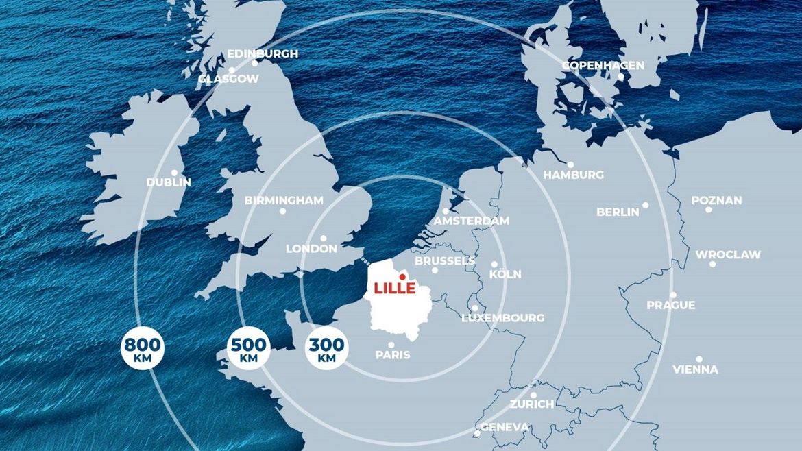 Map highlighting Lille's strategic location within 300 km of major European cities like Paris, London, Brussels, and Amsterdam.