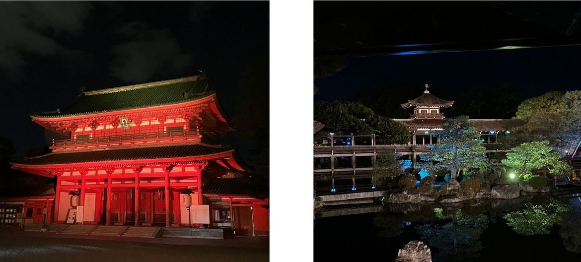 京都の平安神宮と、レストランから見えるその庭園