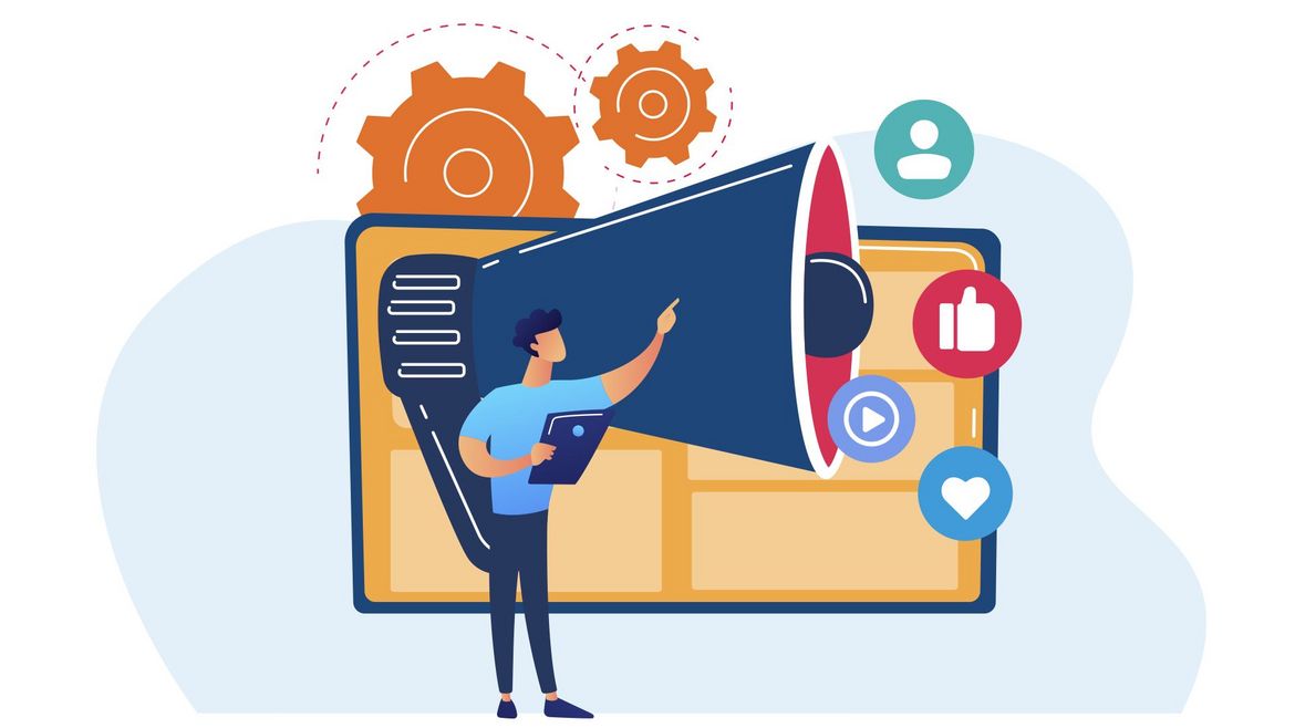 Illustration of a person promoting a business with a megaphone and gears