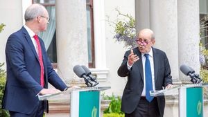 Minister for Foreign Affairs Simon Coveney with his French counterpart Jean-Yves Le Drian in Dublin last month