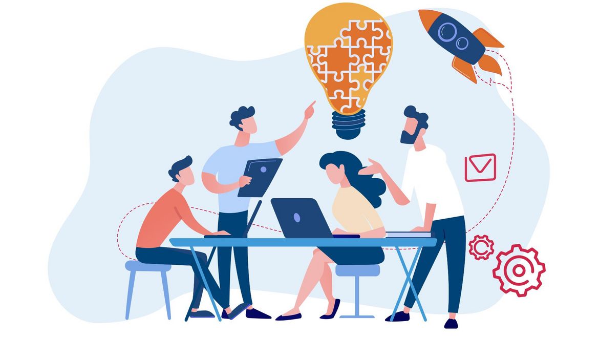 Illustration of colleagues collaborating around a table, representing business support services