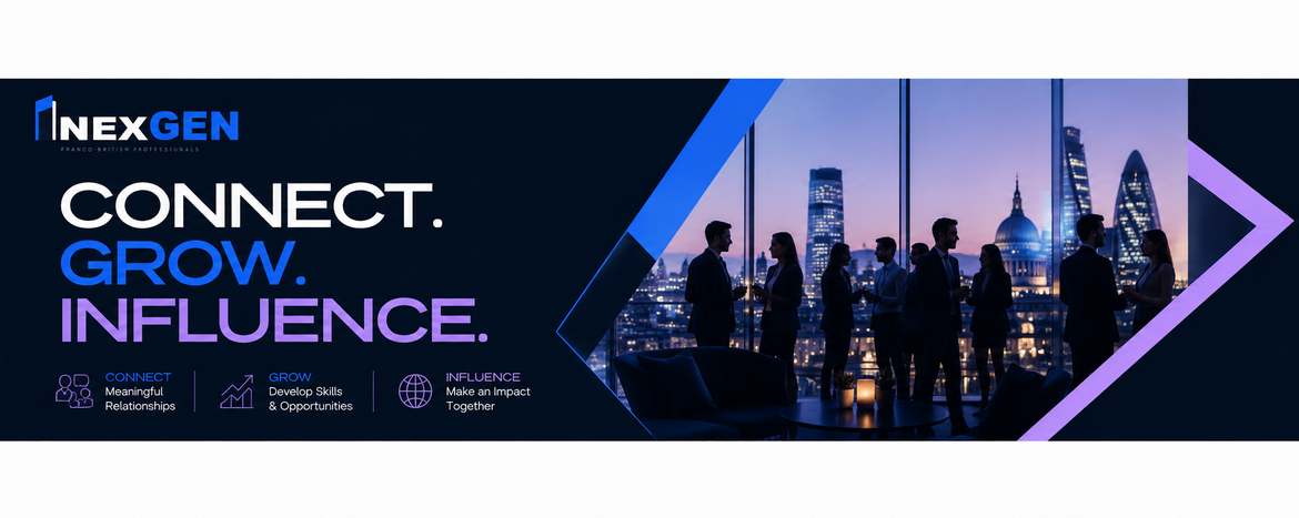 NexGen — Connect. Grow. Influence. Franco-British professionals networking at a rooftop event in London.