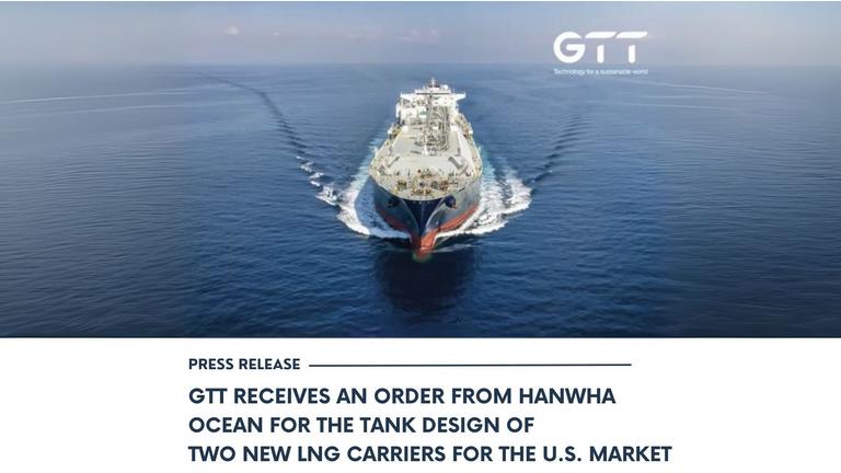 GTT receives an order from Hanwha Ocean for the tank design of two new LNG carriers for the U.S. market