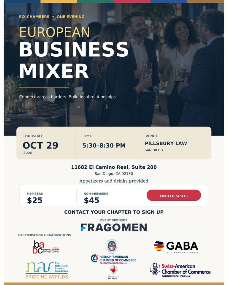 European Business Mixer flyer, October 29, 2026, Pillsbury San Diego Office