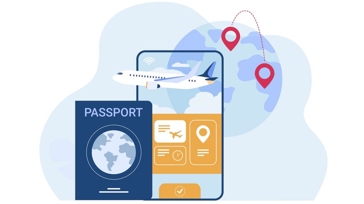 Illustration of a passport and location pins, representing UK visa and immigration information